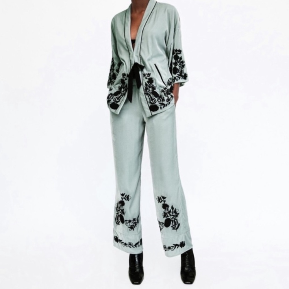 ZARA Velvet Mint Green Embroidered Pants